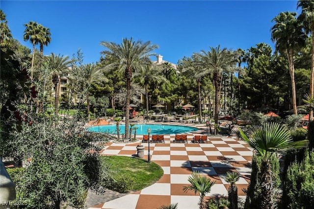 community pool with a patio area