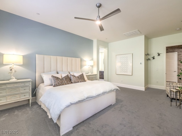 bedroom featuring visible vents, baseboards, carpet, and a ceiling fan