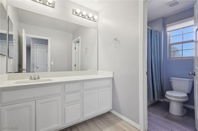 full bath featuring visible vents, toilet, vanity, and wood finish floors