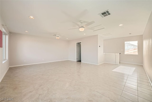 empty room with recessed lighting, visible vents, baseboards, and light tile patterned floors