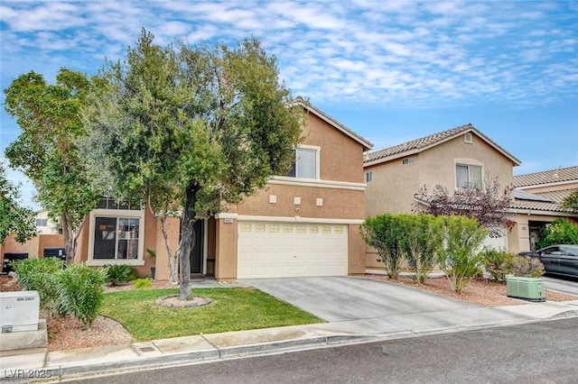 view of front of home with stucco siding, a garage, central AC unit, and driveway