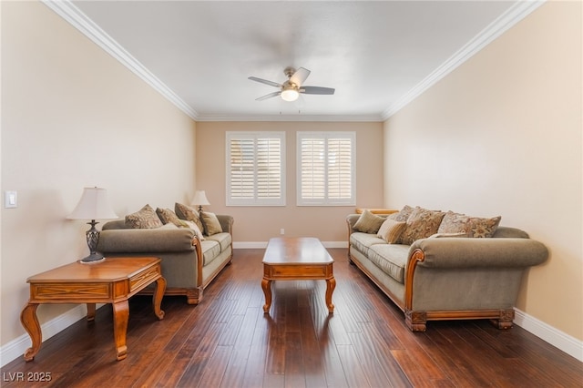 living room with baseboards, dark wood finished floors, and crown molding