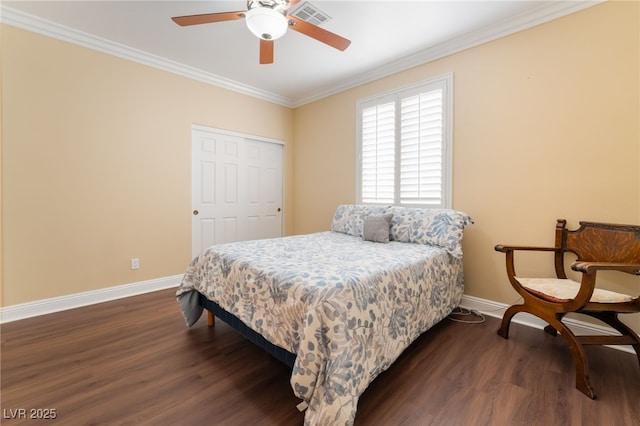 bedroom featuring visible vents, crown molding, baseboards, and dark wood-style flooring