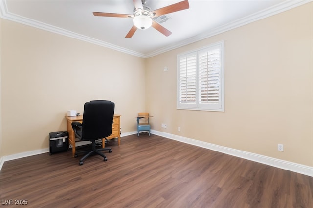 home office featuring ornamental molding, baseboards, and wood finished floors