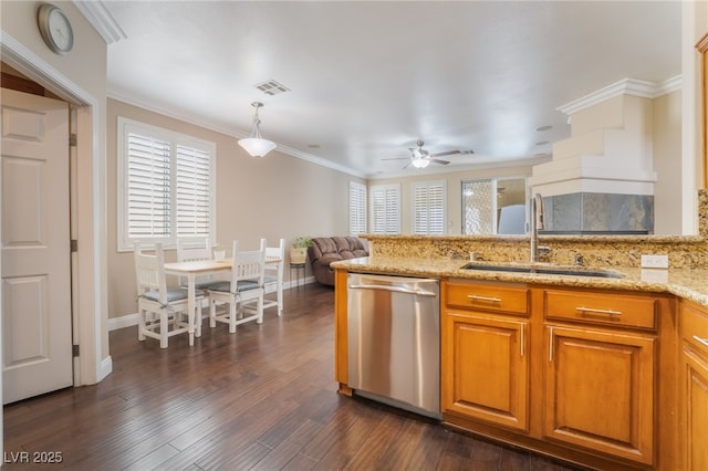 kitchen with visible vents, ornamental molding, a sink, stainless steel dishwasher, and dark wood-style floors