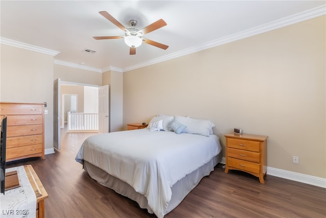 bedroom featuring visible vents, crown molding, ceiling fan, baseboards, and dark wood-style floors