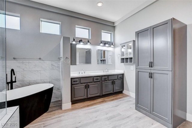 bathroom featuring double vanity, a freestanding tub, wood finished floors, and a sink