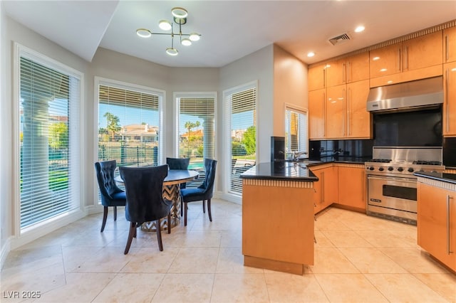 2221 Glenbrook Way, Las Vegas, NV 89117 - kitchen featuring visible vents, a peninsula, luxury stove, a sink, and under cabinet range hood