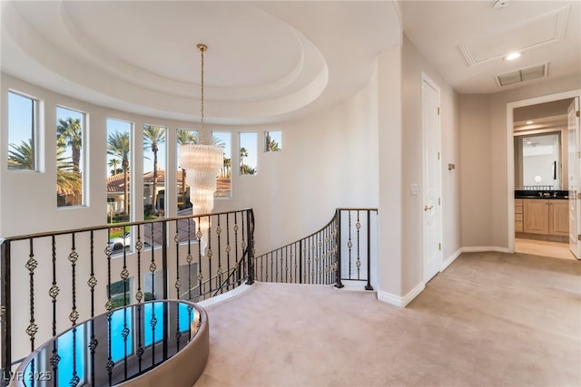 2221 Glenbrook Way, Las Vegas, NV 89117 - corridor featuring visible vents, an upstairs landing, recessed lighting, carpet flooring, and baseboards