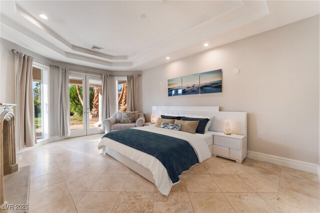2221 Glenbrook Way, Las Vegas, NV 89117 - bedroom with light tile patterned floors, baseboards, visible vents, a raised ceiling, and access to outside