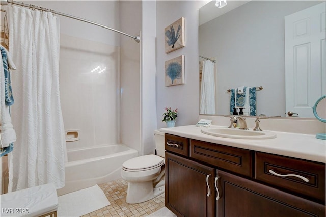 bathroom with tile patterned floors, shower / bathtub combination with curtain, toilet, and vanity