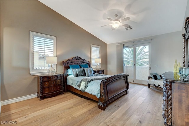 bedroom with baseboards, visible vents, light wood-style flooring, access to exterior, and vaulted ceiling