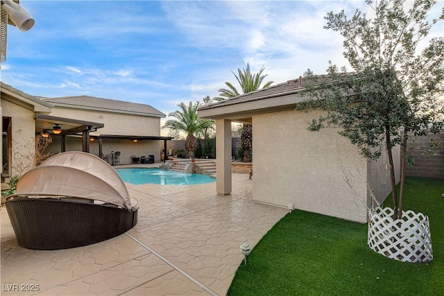 view of swimming pool featuring a fenced in pool, a patio, a fenced backyard, and grilling area