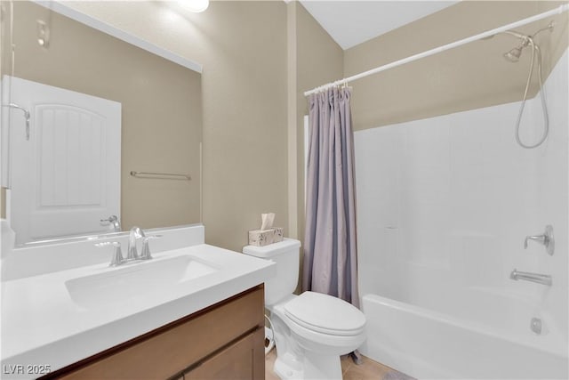 bathroom with toilet, vanity, and shower / bath combination with curtain