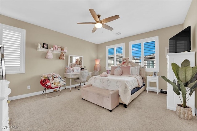 bedroom featuring baseboards, visible vents, carpet floors, and ceiling fan