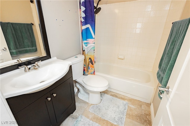 full bath featuring toilet, vanity, and shower / bathtub combination with curtain