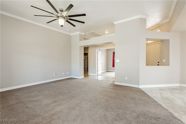 unfurnished room featuring visible vents, baseboards, ceiling fan, ornamental molding, and light carpet