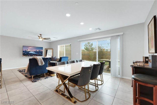 dining space with recessed lighting, light tile patterned flooring, baseboards, and visible vents