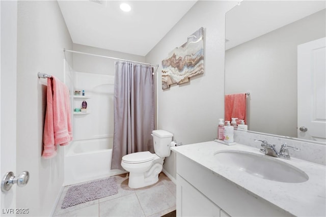 full bathroom featuring tile patterned flooring, toilet, vanity, and shower / tub combo with curtain