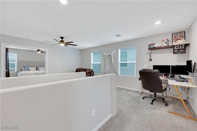 office with visible vents, baseboards, carpet, recessed lighting, and a ceiling fan