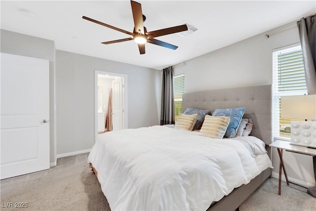 bedroom featuring visible vents, carpet floors, baseboards, and ceiling fan