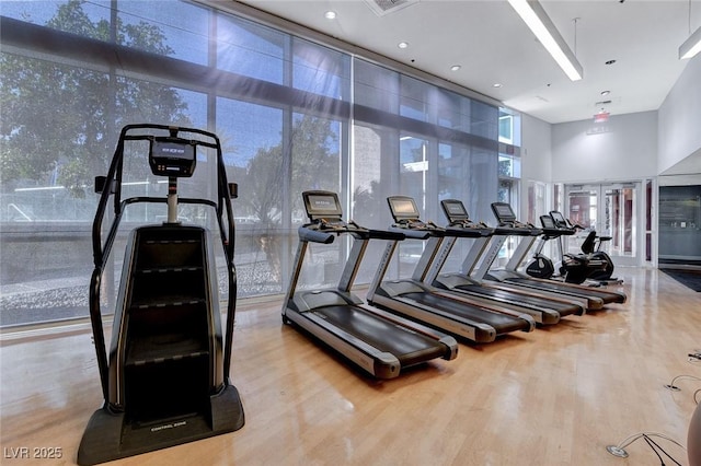 workout area with floor to ceiling windows, a towering ceiling, wood finished floors, and french doors