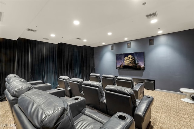 carpeted cinema with recessed lighting, visible vents, and baseboards