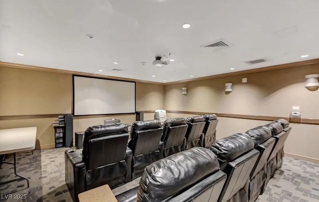 cinema room featuring visible vents, recessed lighting, crown molding, and baseboards