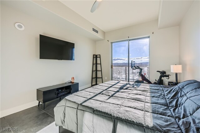 bedroom featuring baseboards, visible vents, ceiling fan, access to exterior, and concrete flooring