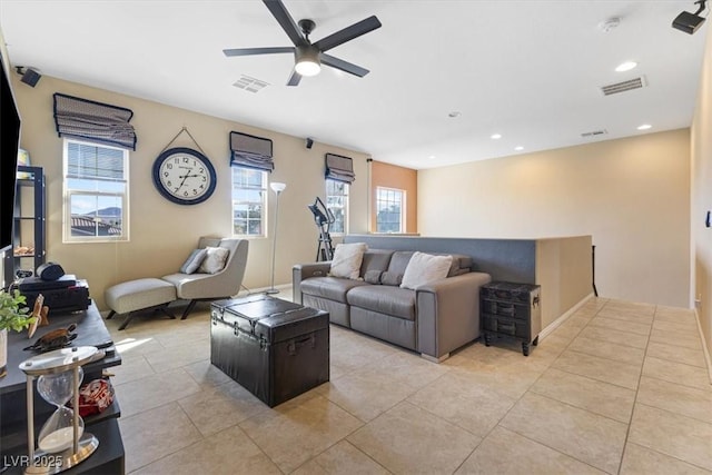 living room featuring recessed lighting, visible vents, and ceiling fan