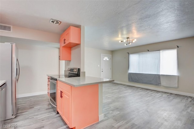 kitchen featuring visible vents, appliances with stainless steel finishes, open floor plan, and light wood finished floors