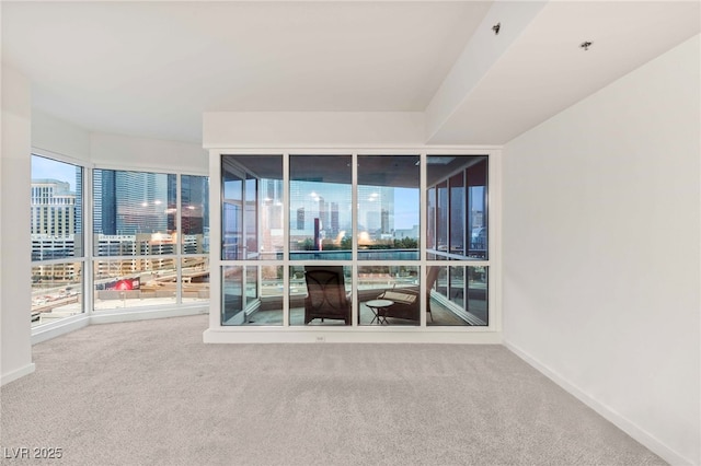 carpeted empty room featuring a city view and baseboards