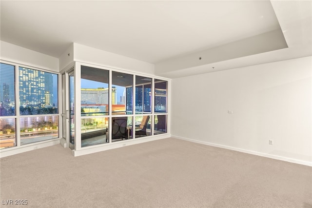 carpeted spare room featuring baseboards and a city view