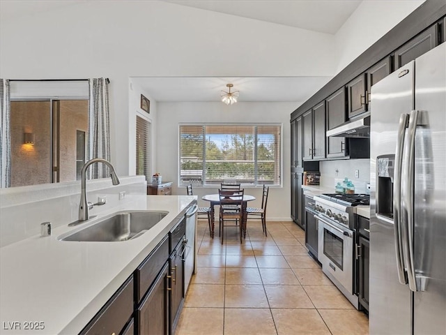 kitchen featuring a sink, appliances with stainless steel finishes, light countertops, and under cabinet range hood