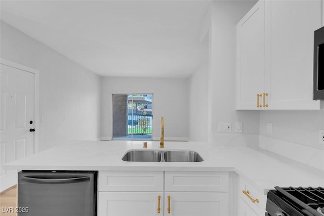 kitchen with a sink, white cabinetry, dishwasher, and light countertops