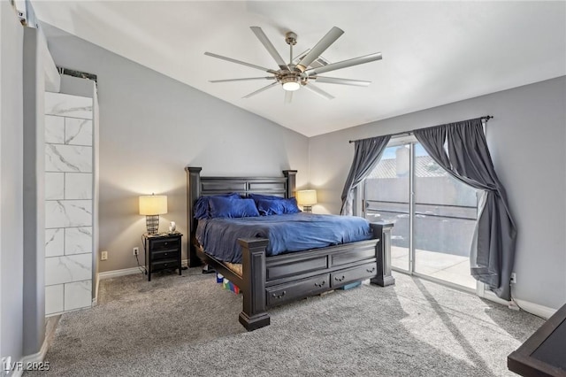 bedroom with access to exterior, baseboards, vaulted ceiling, carpet flooring, and a ceiling fan