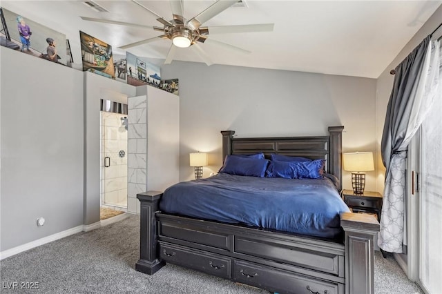 bedroom featuring baseboards, visible vents, a ceiling fan, and carpet