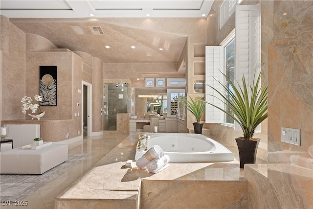 bathroom with visible vents, marble finish floor, a stall shower, a towering ceiling, and a whirlpool tub