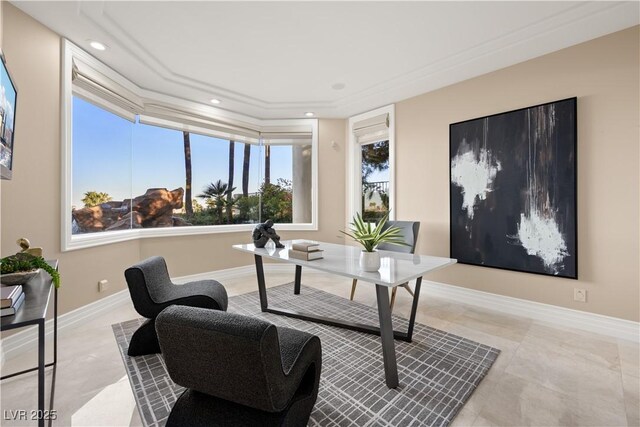 office space with recessed lighting, baseboards, and ornamental molding