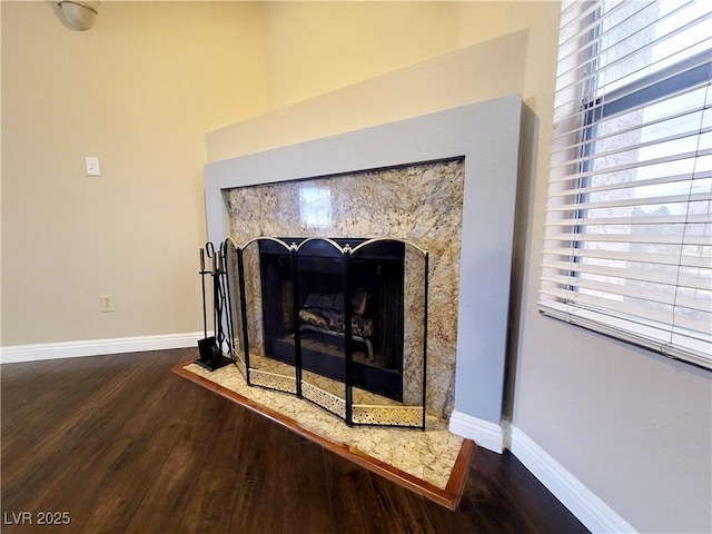 interior details with baseboards, wood finished floors, and a fireplace with flush hearth