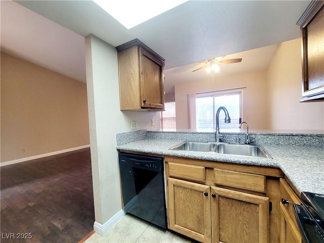 kitchen with a ceiling fan, baseboards, range with electric cooktop, a sink, and dishwasher