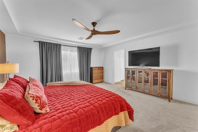 carpeted bedroom featuring visible vents, ceiling fan, and baseboards