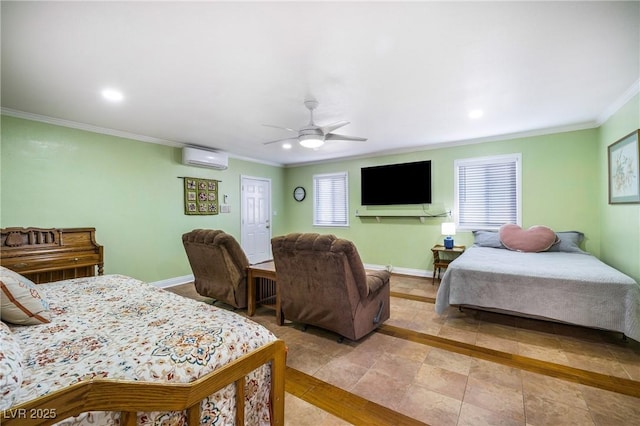 bedroom with baseboards, a ceiling fan, a wall unit AC, and ornamental molding