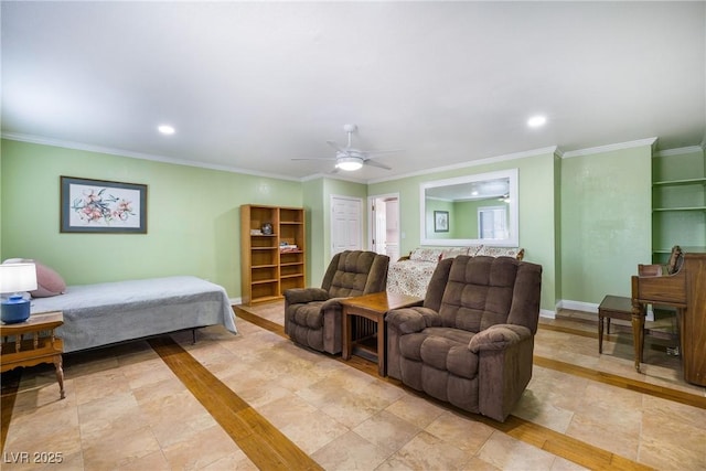 bedroom featuring crown molding, recessed lighting, baseboards, and ceiling fan