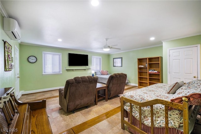 bedroom with crown molding, recessed lighting, baseboards, and a wall mounted air conditioner