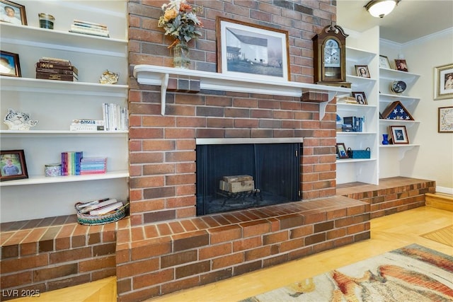 details with a fireplace, crown molding, and wood finished floors