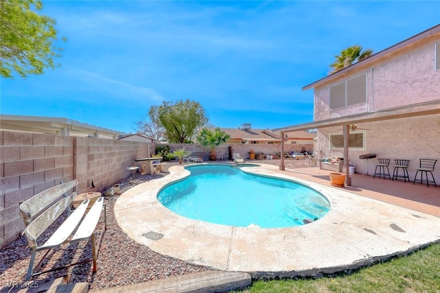 view of swimming pool with a patio area, a fenced backyard, and a fenced in pool