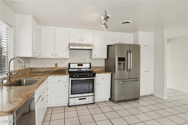 kitchen featuring visible vents, under cabinet range hood, appliances with stainless steel finishes, white cabinets, and a sink