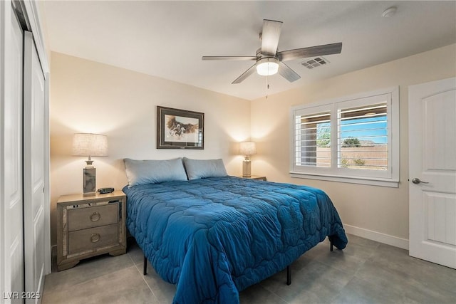 bedroom with baseboards, visible vents, and ceiling fan