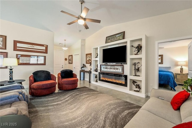 living room with a glass covered fireplace, lofted ceiling, built in features, and ceiling fan